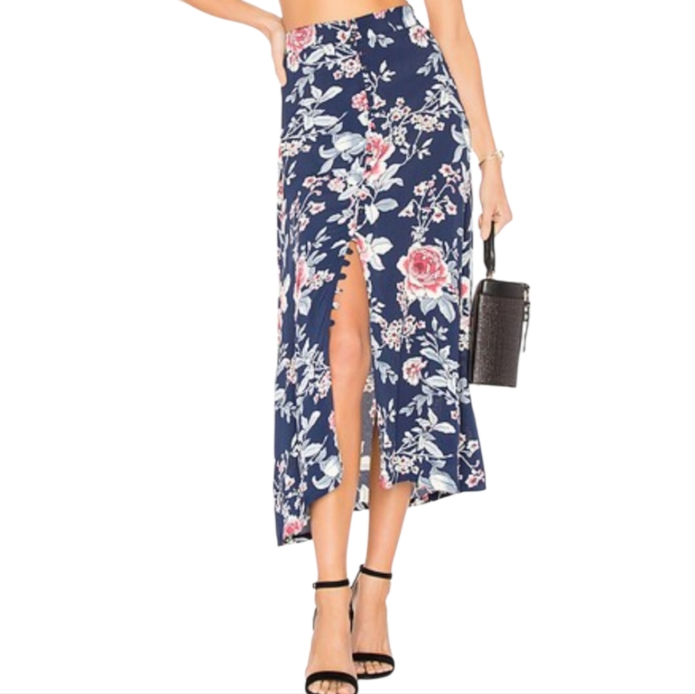 Flynn Skye Floral Midi Skirt Button Front Slit Navy Pink Flowers Casual Size Med